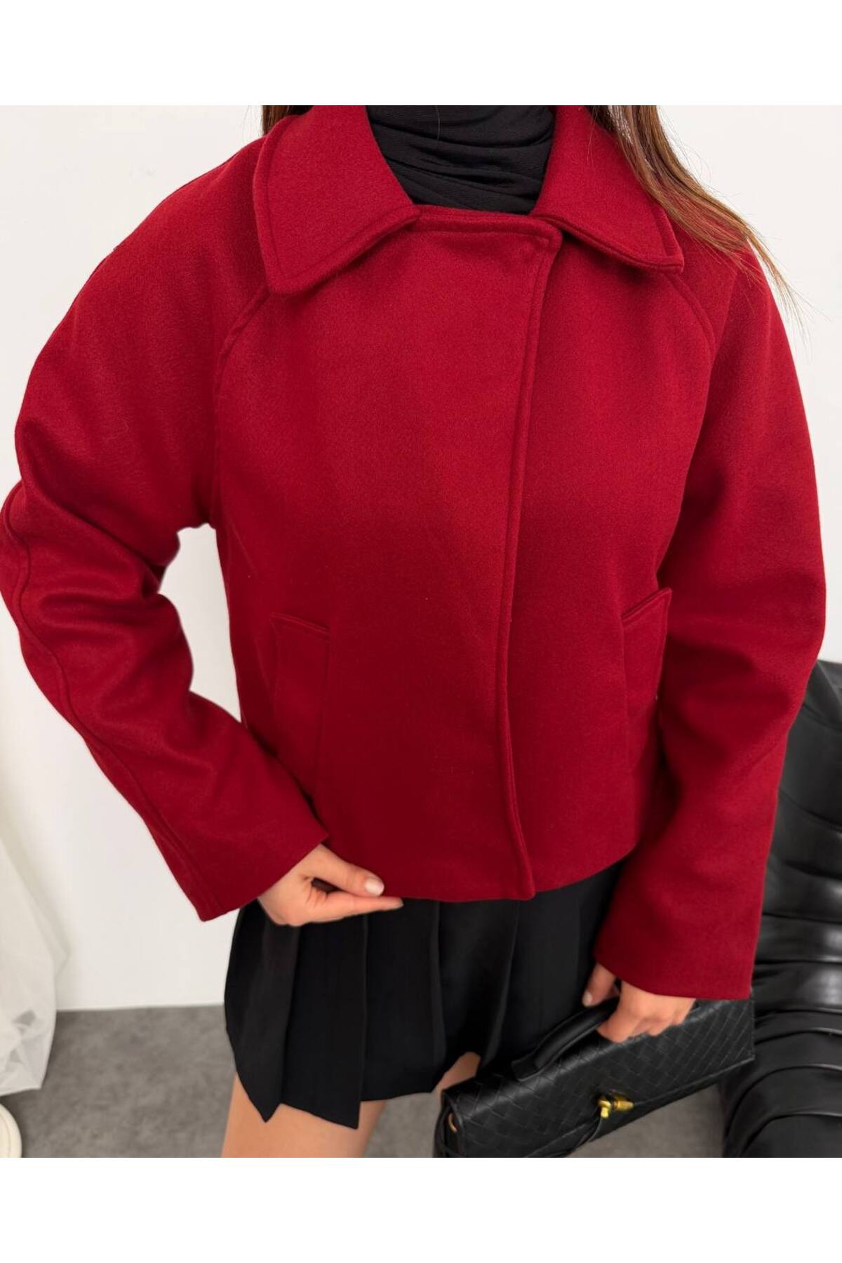 Kadın Süet Bomber Ceket Oversize Kısa Kesim Bordo - Görsel 4