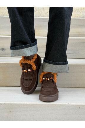 ESSO LA MİA melena Süet İçi Kürklü Kalın Taban Kadın Bot hakiki deri kahve süet