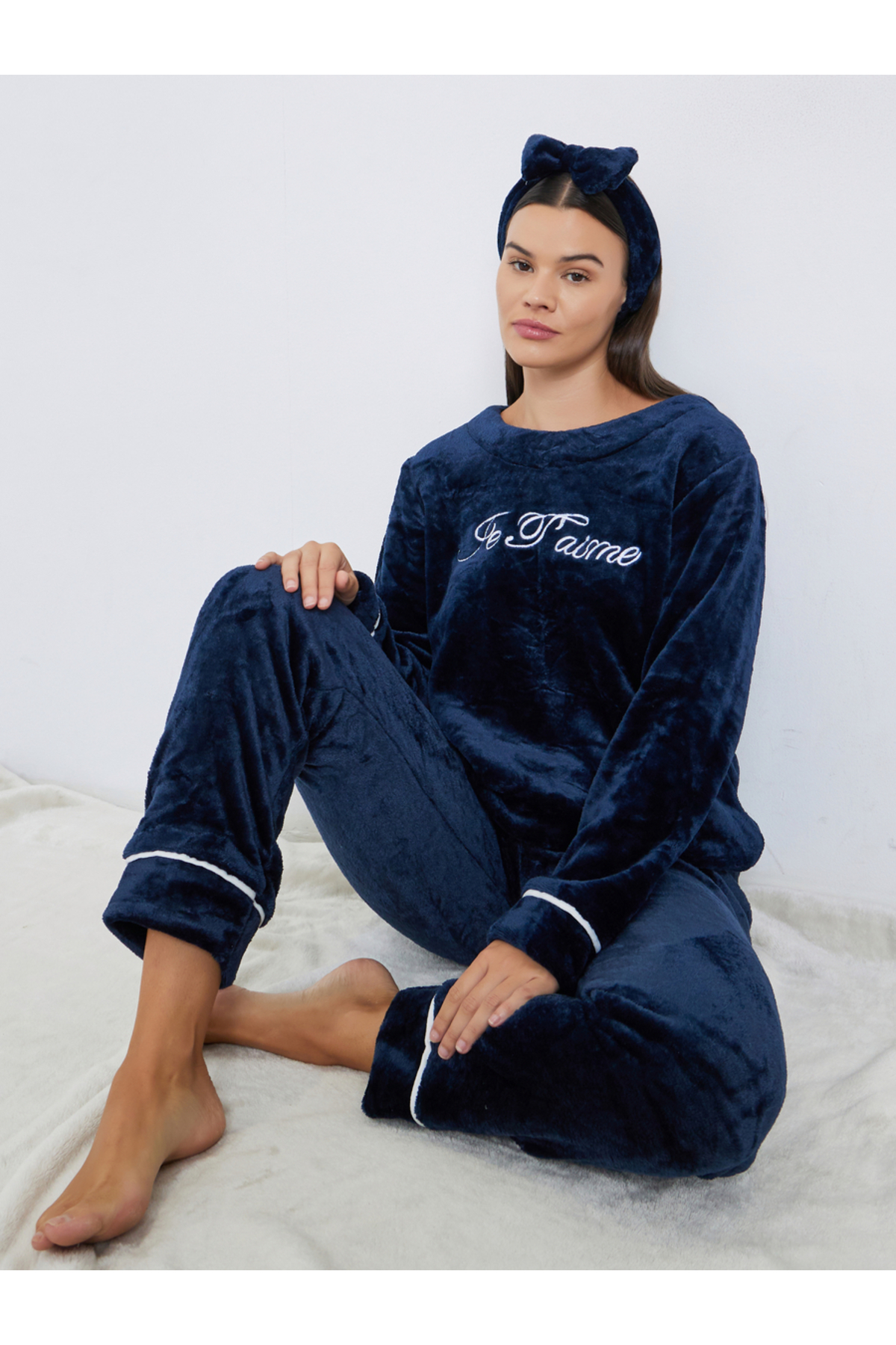 Styli Fleece Contrast Piped Top, Headband and Pyjama Set