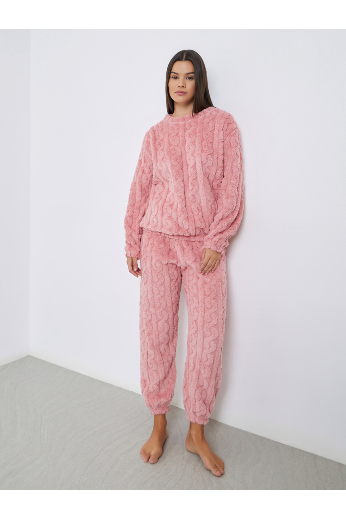Styli Cable Knit Fleece Top and Cuffed Joggers Set