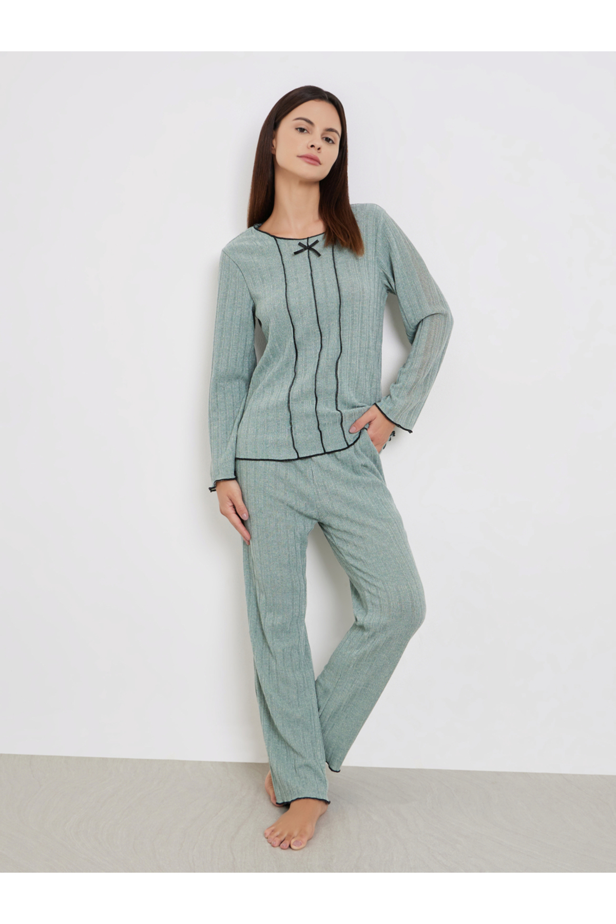 Styli Pipping Detail T-Shirt and Long Pyjama Set