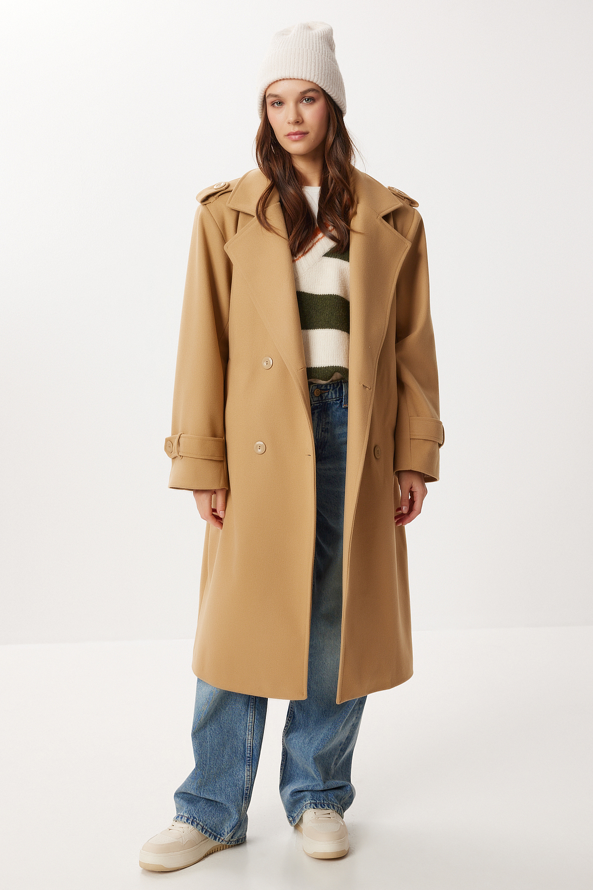 Lovelyİstanbul  Kruvaze Yaka Kuşaklı Kaşe Kaban LNT0016 BİSKÜVİ