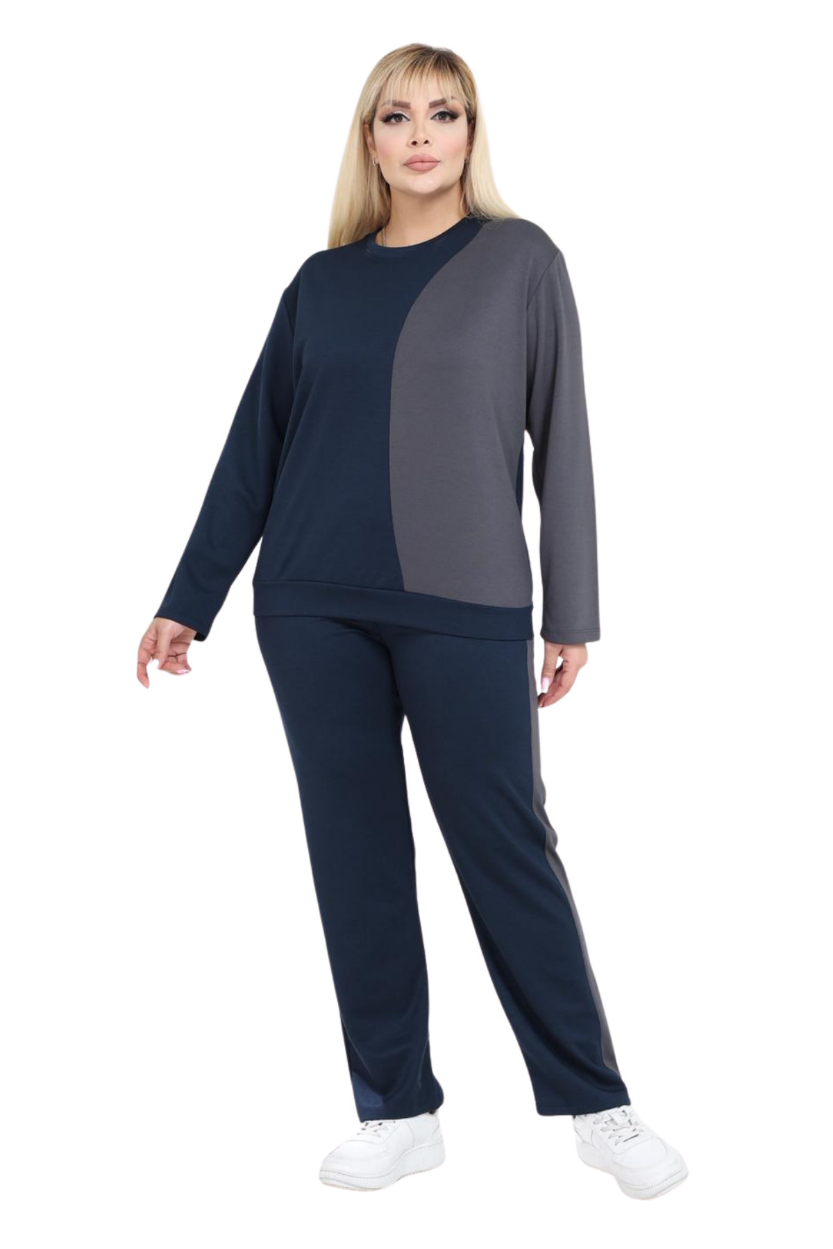 MELSAY Kadın Büyük Beden Lacivert-Gri Renk Bloklu Modal Eşofman Takımı