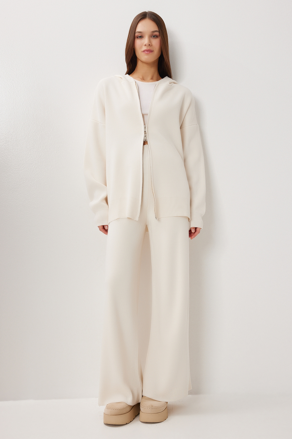 Lovelyİstanbul Kapüşonlu Fermuarlı Triko Alt-Üst Takım LMT0051 KREM