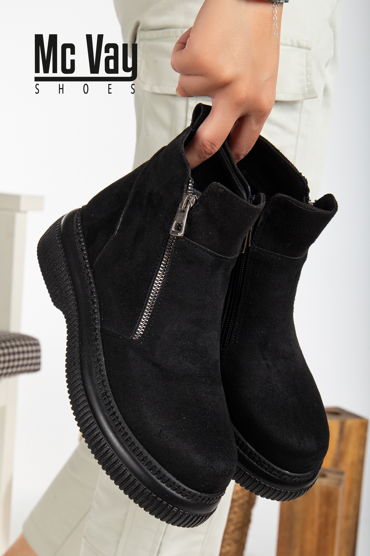 Mc vay Shoes Lisa Жіночі 002 Чорні замшеві вишукані жіночі черевики та ботильйони з декоративною блискавкою