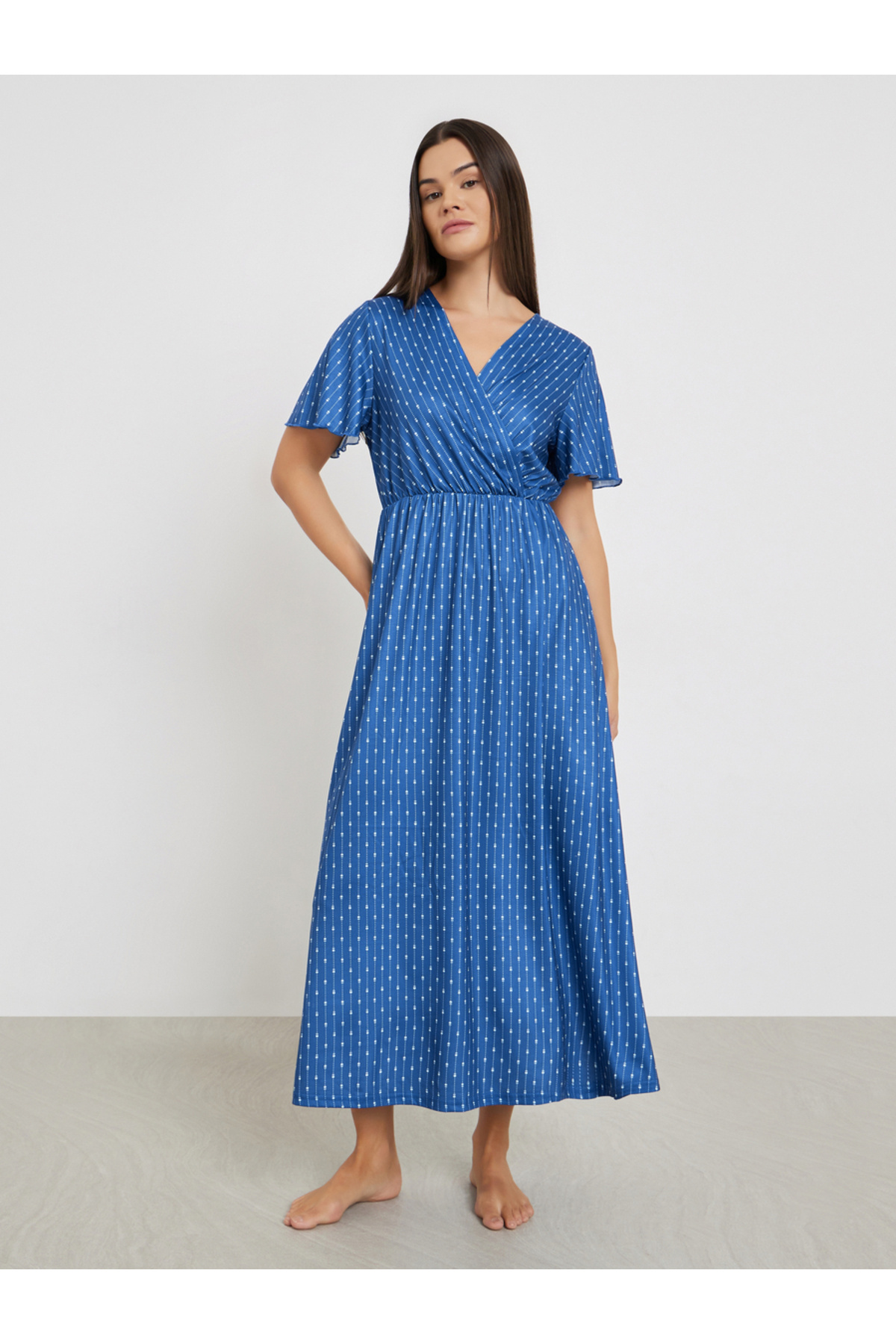 Styli Printed Wrap Look Flared Short Sleeve Nightdress
