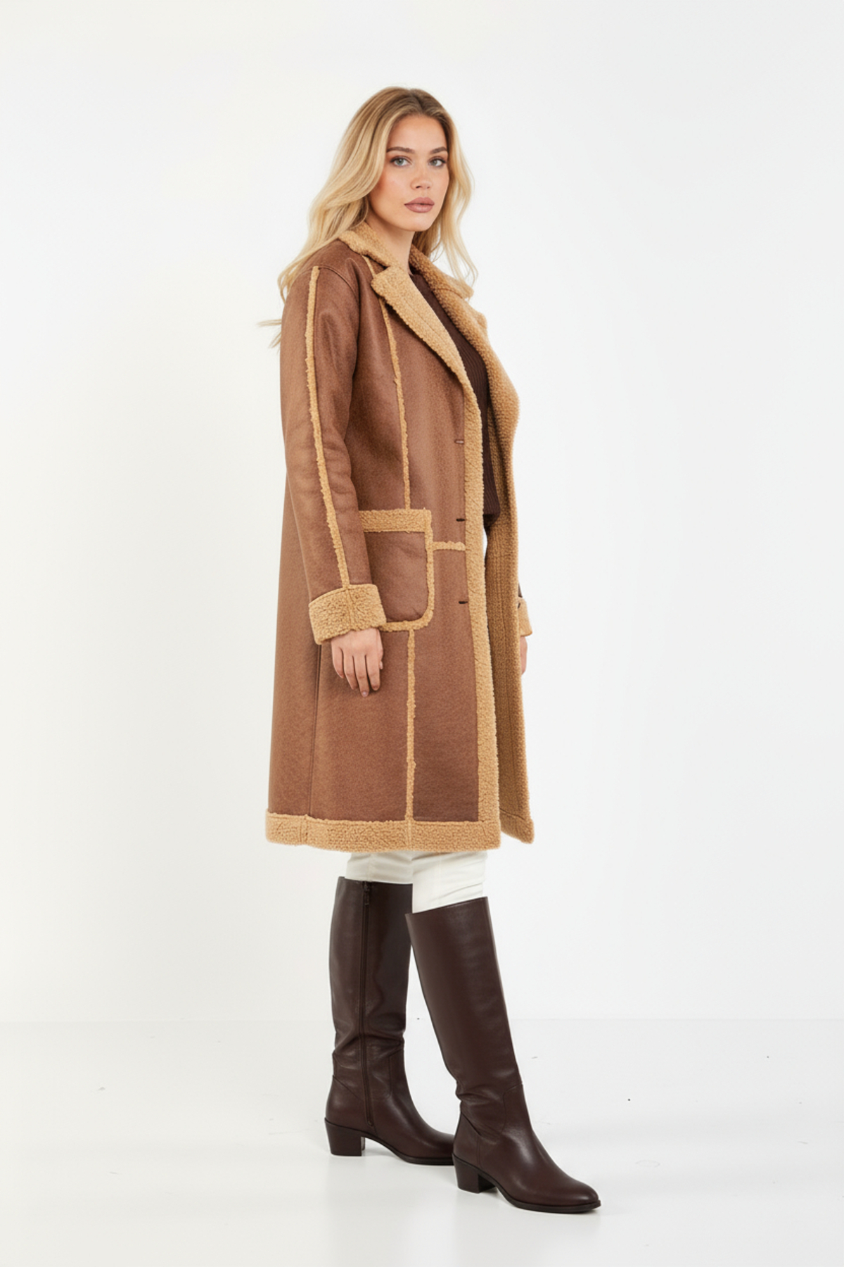 Volanlı  KAHVERENGİ ŞERPA PALTO - Görsel 2
