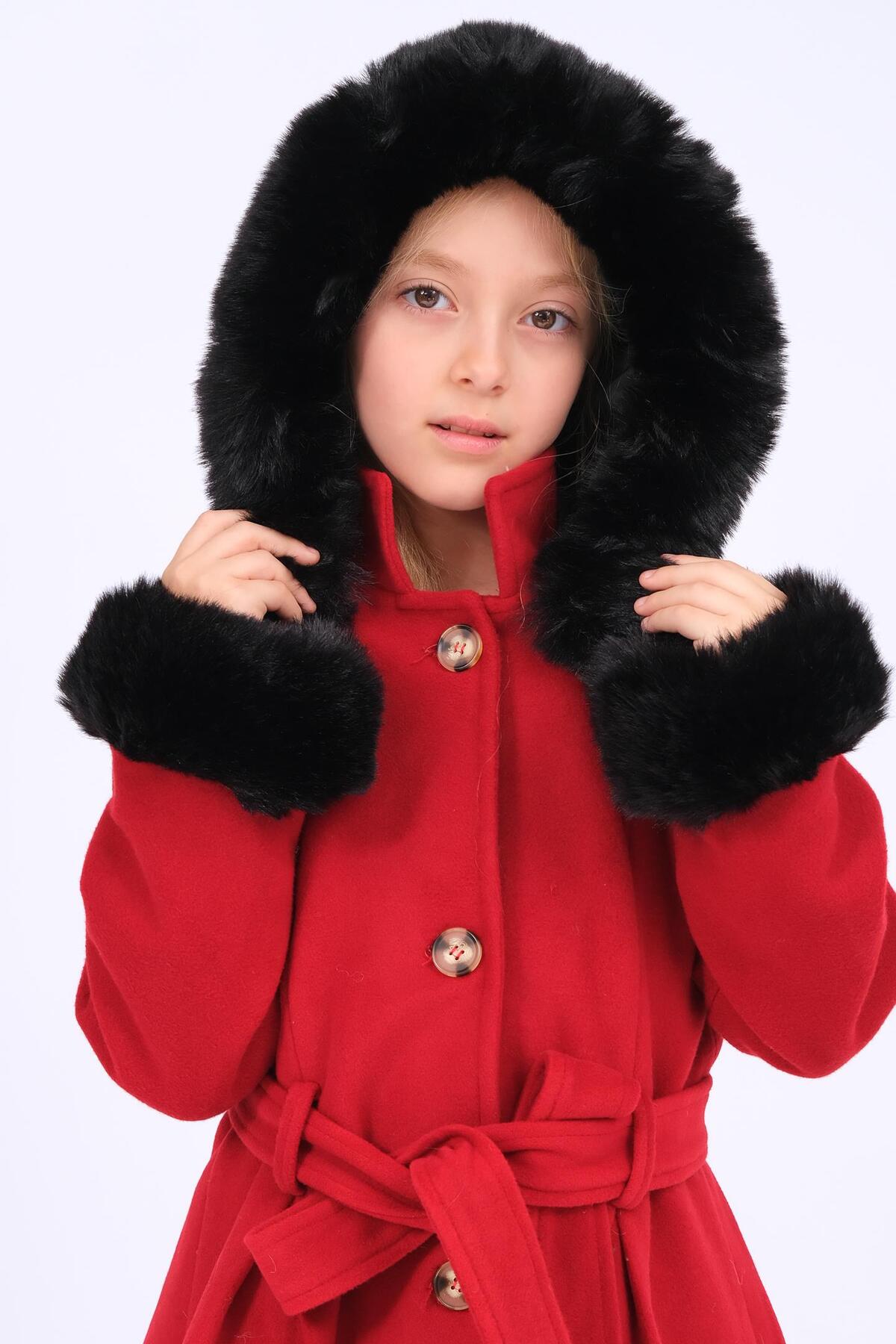 Perendi Kız Çocuk Kürk Detaylı Kapüşonlu Kuşaklı Kaşe Kaban – Kırmızı fotoğrafı 7 (önizleme)