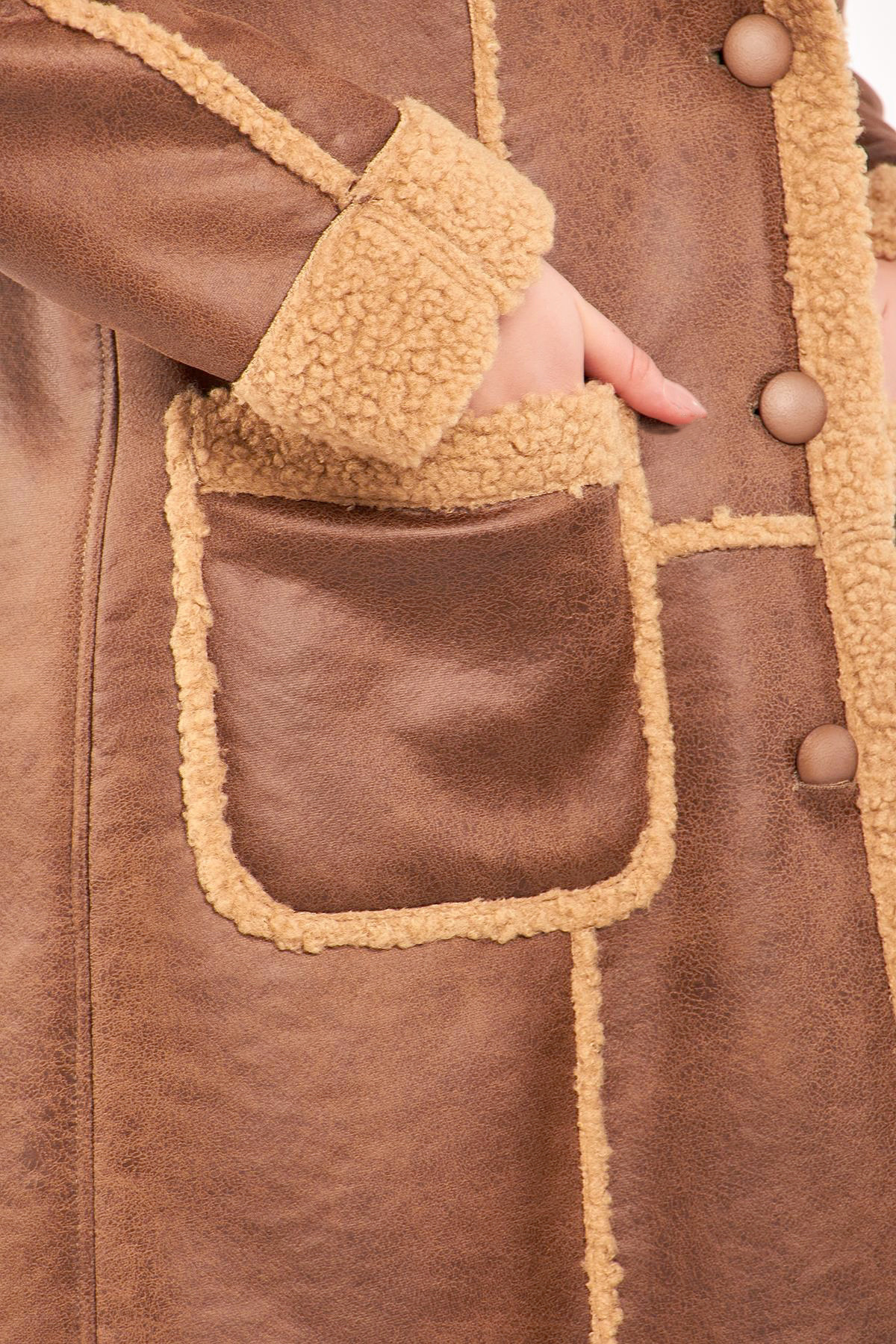 Volanlı  KAHVERENGİ ŞERPA PALTO - Görsel 5