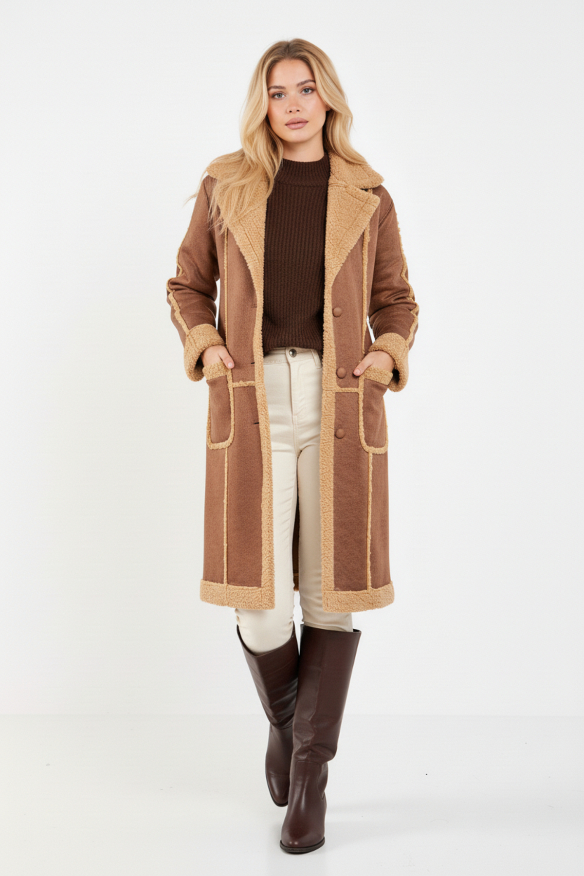 Volanlı  KAHVERENGİ ŞERPA PALTO