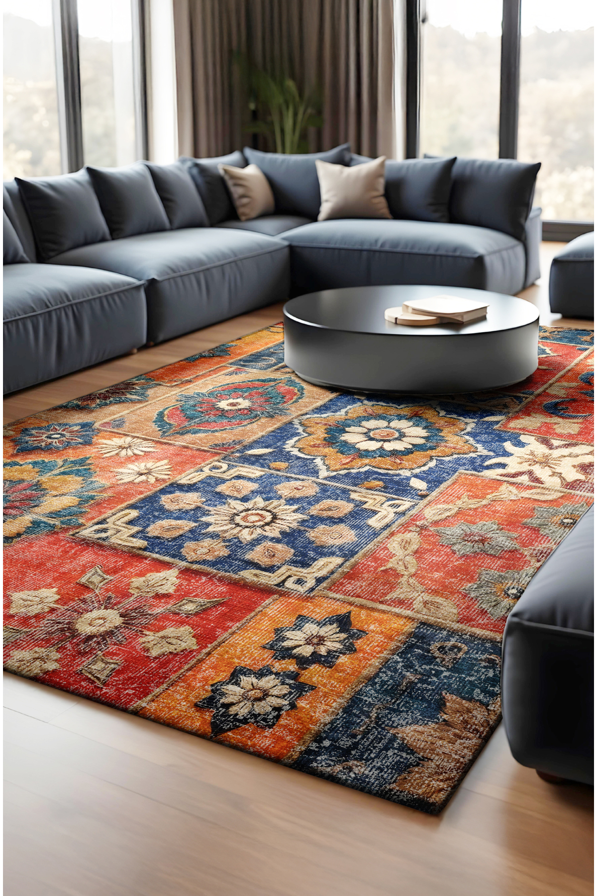 Navy Blue Classic Carpet Motif Patterned Digital Printed Woven Based Chenille Carpet