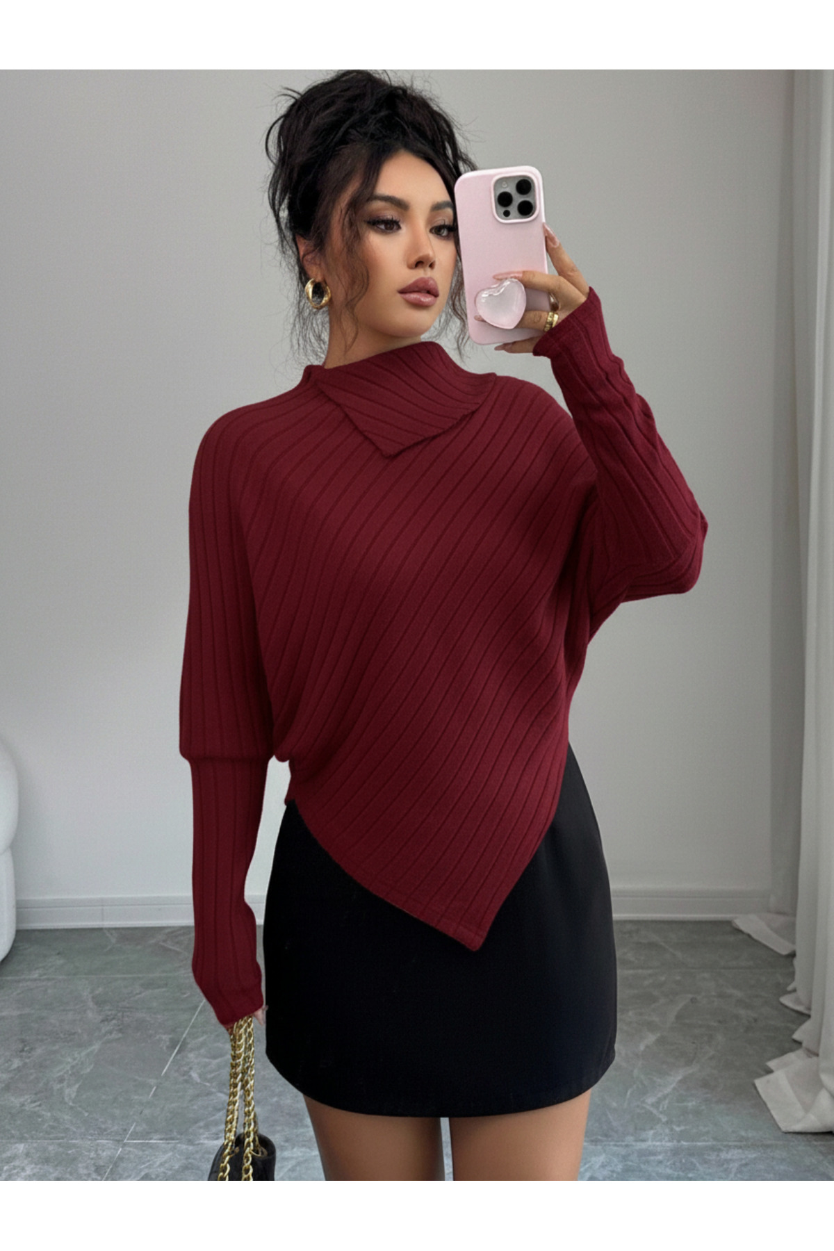 Burgundy High Neck Wick Fabric Asymmetrical Hem Bat Sleeve Stylish Top
