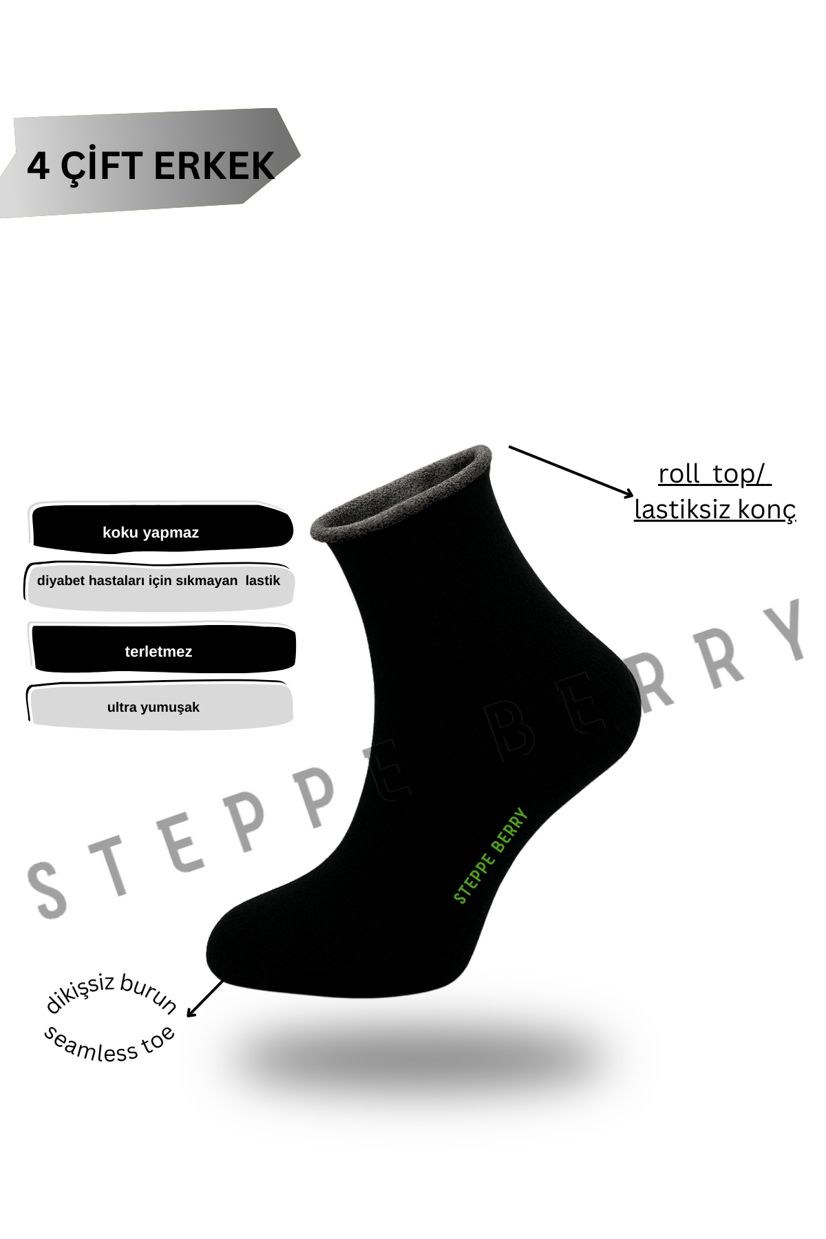 4'lü Erkek Siyah Lastiksiz Dikişsiz Rahat Bambu Kısa Konç Çorap