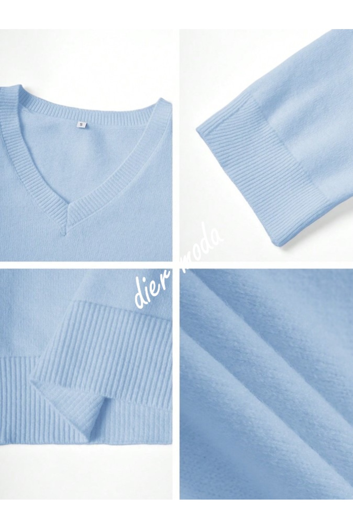 Dier Moda  Kadın Mavi V Yaka Oversize Triko Kazak, Triko Kazak Fmoda1970 - Görsel 8