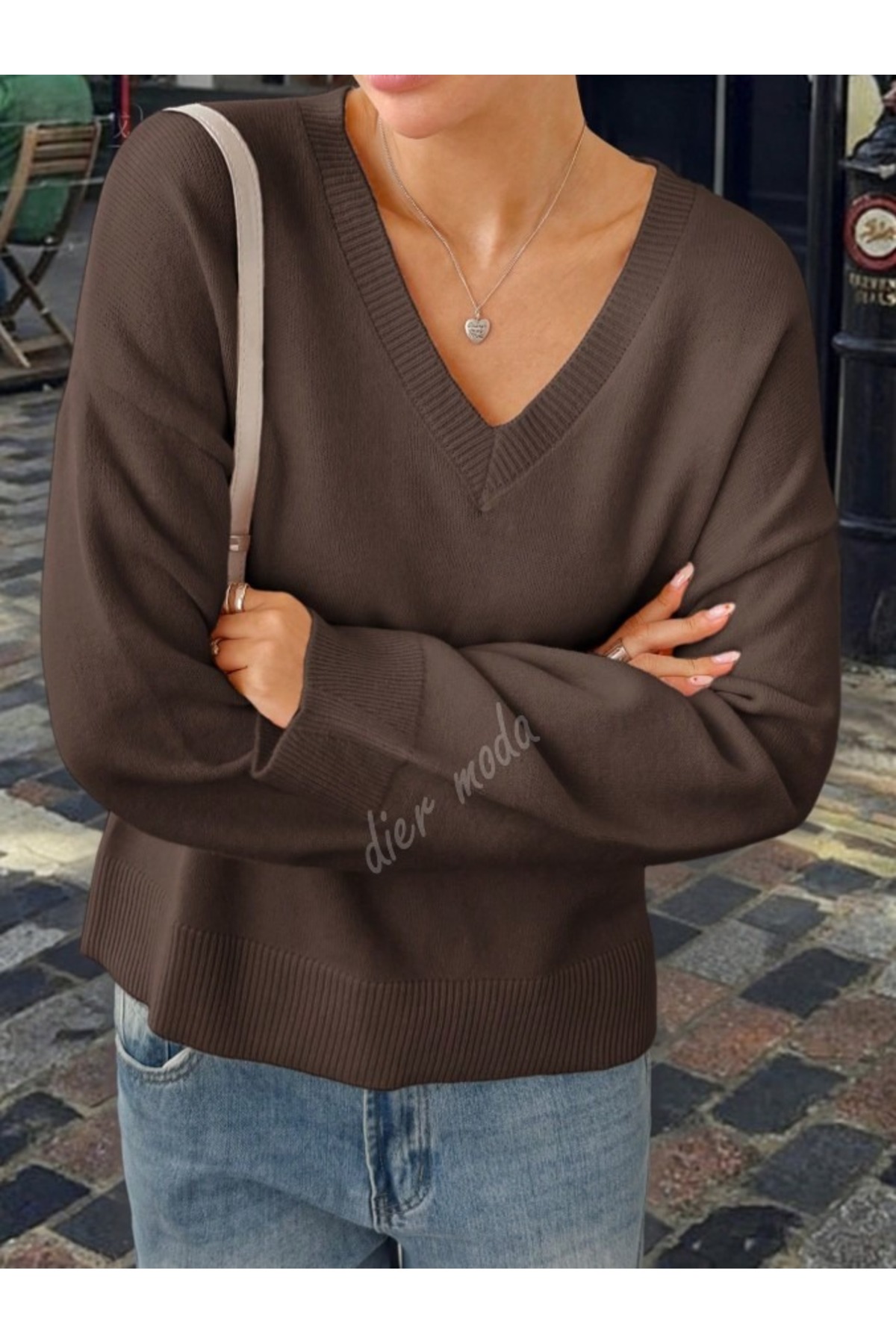 Dier Moda  Kadın Kahverengi V Yaka Oversize Triko Kazak, Triko Kazak Fmoda1970 - Görsel 5