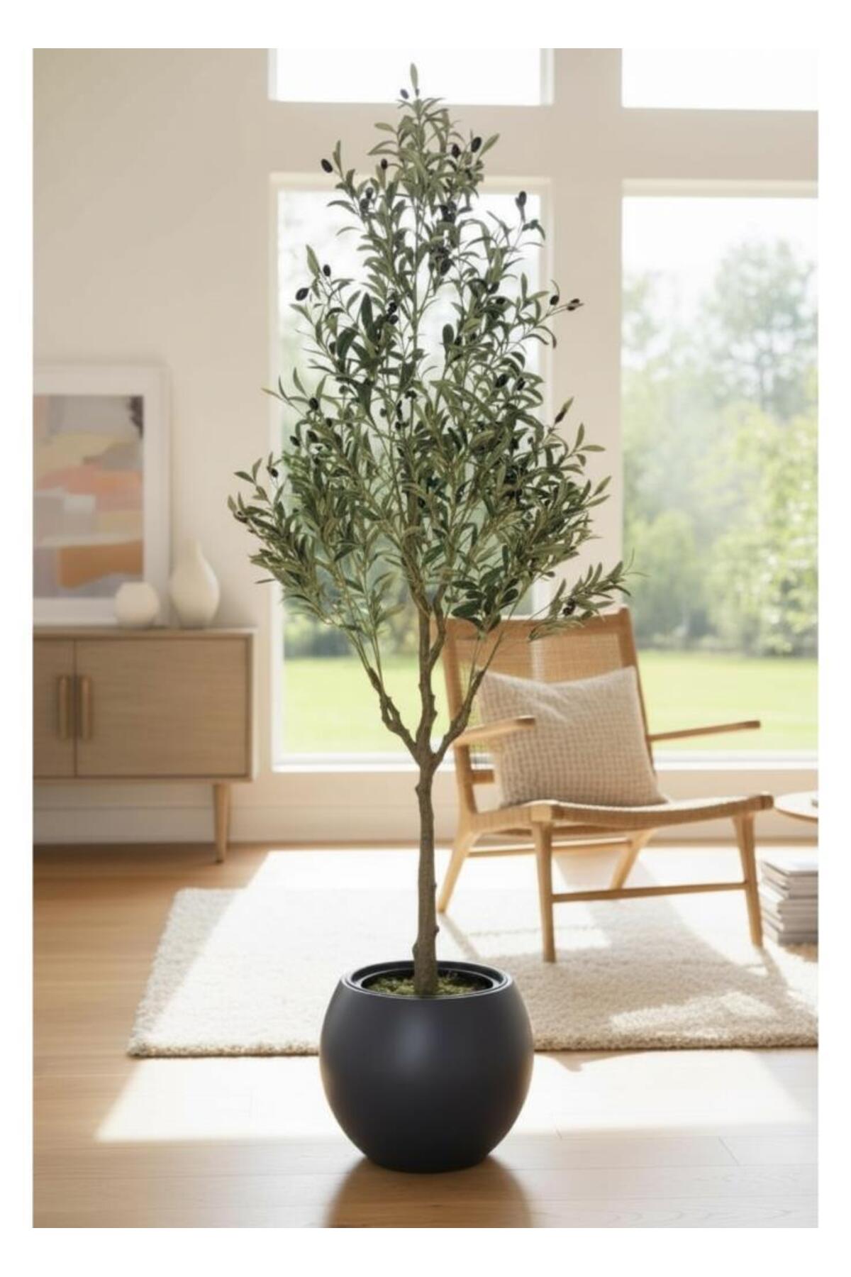 Artificial Olive Tree 185cm Natural Looking Artificial Tree Black 30cm Sphere in Flower Pot