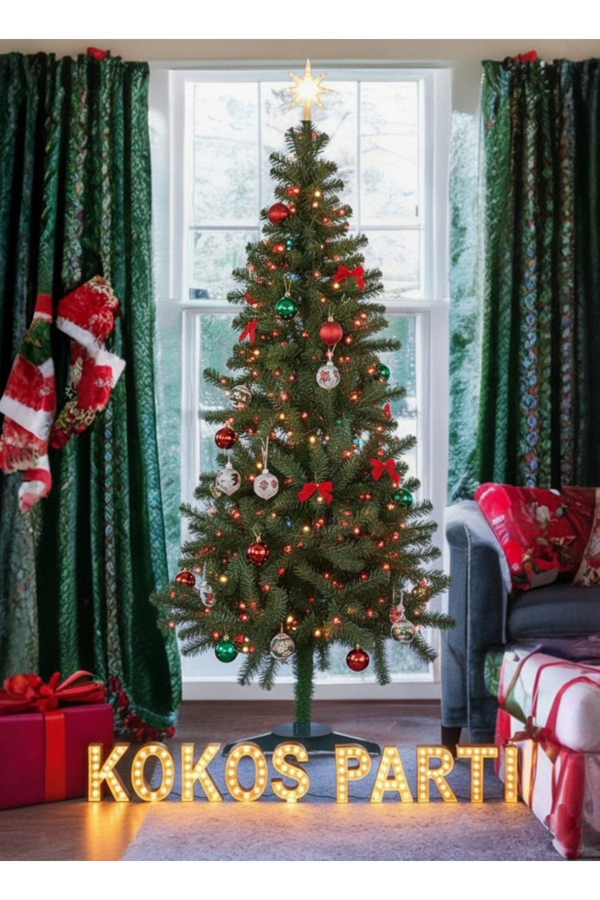 Kokoş Parti Yılbaşı Çam Ağacı • Plastik Ayaklı • Metal Gövdeli • 180 cm • Yoğun 355 Dal