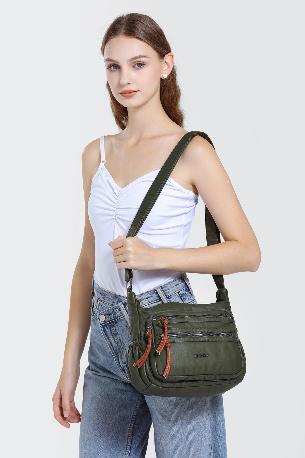 Barcelona Small Multi Pockets Long Crossbody Bag Sports Casual Women Shoulder Bag Dark Green