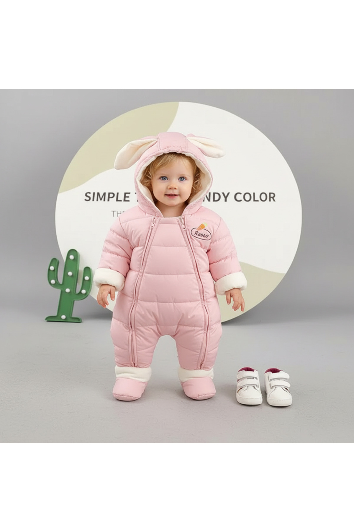 melisam.msg Kız Erkek Bebek Tavşan Kulaklı Kış Kalın Sevimli Astar Şişme Tulum Mont fotoğrafı 3 (önizleme)