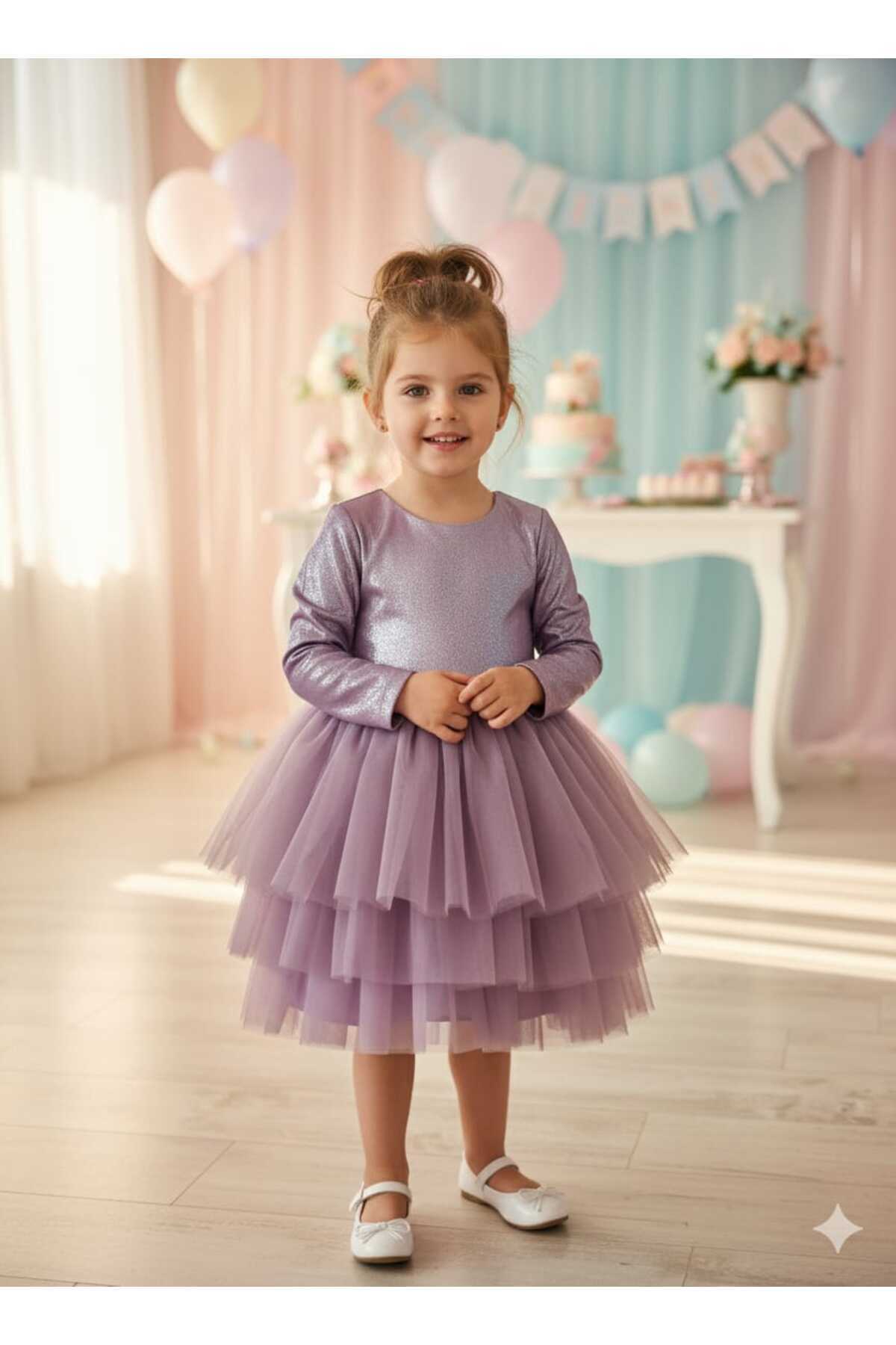 penu baby kids Mor Parlak Jarse Kat Etekli Uzun Kolu Kız Çocuk Kız Bebek Elbise fotoğrafı 2 (önizleme)