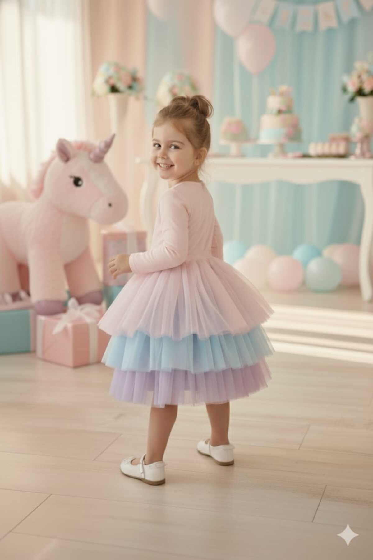 penu baby kids Pembe Düz Jarse Kat Etekli Uzun Kol Kız Çocuk Kız Bebek Elbise fotoğrafı 2 (önizleme)