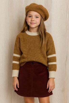 CLOUDY WEAR&DESİGN Çizgili Kol Detaylı Bisiklet Yaka Kışlık Kız Çocuk Kahvere...