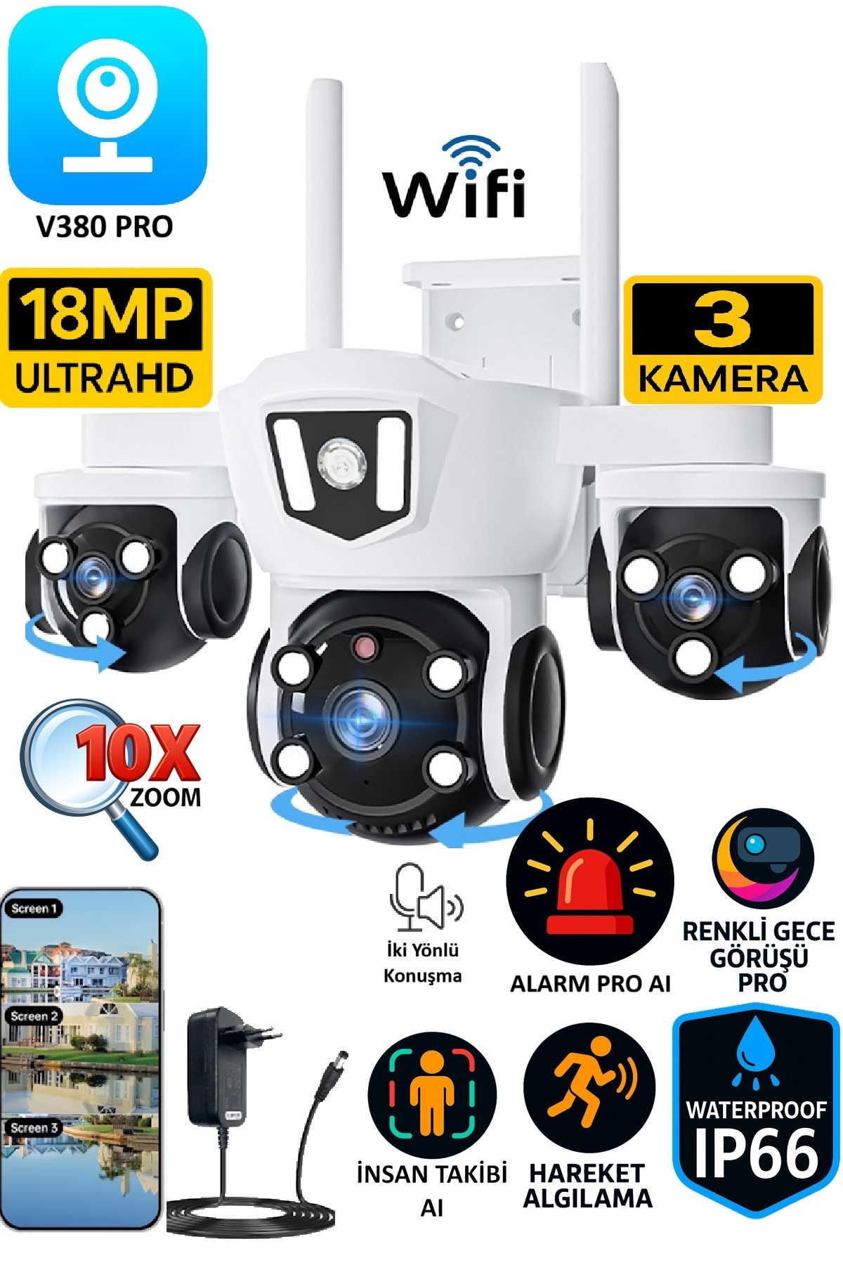 Visenox Elite Mizu V380 Pro 18MP Üç Kameralı WiFi Dış Mekan Akıllı