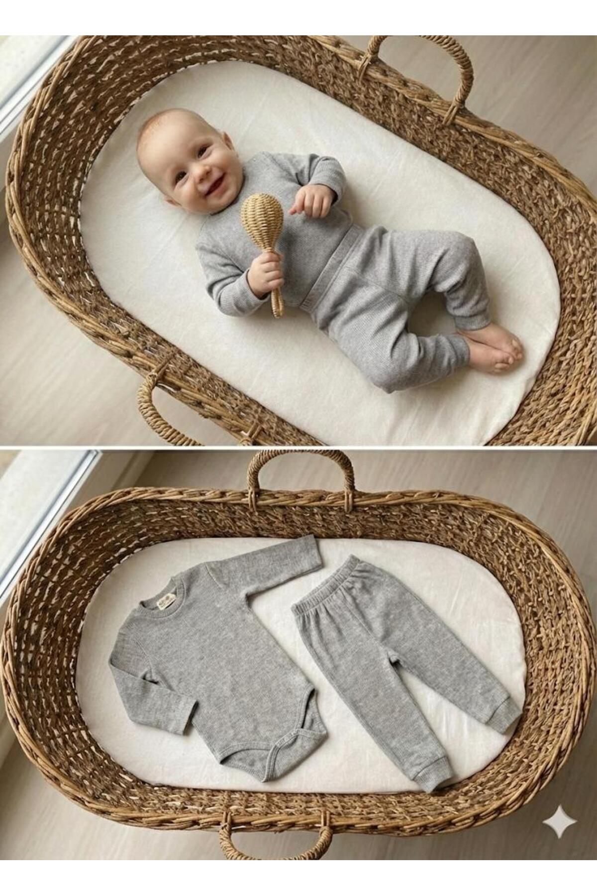 babykugu 3'lü %100 Pamuklu Uzun Kol Bebek Body Pantolon Takım fotoğrafı 6 (önizleme)
