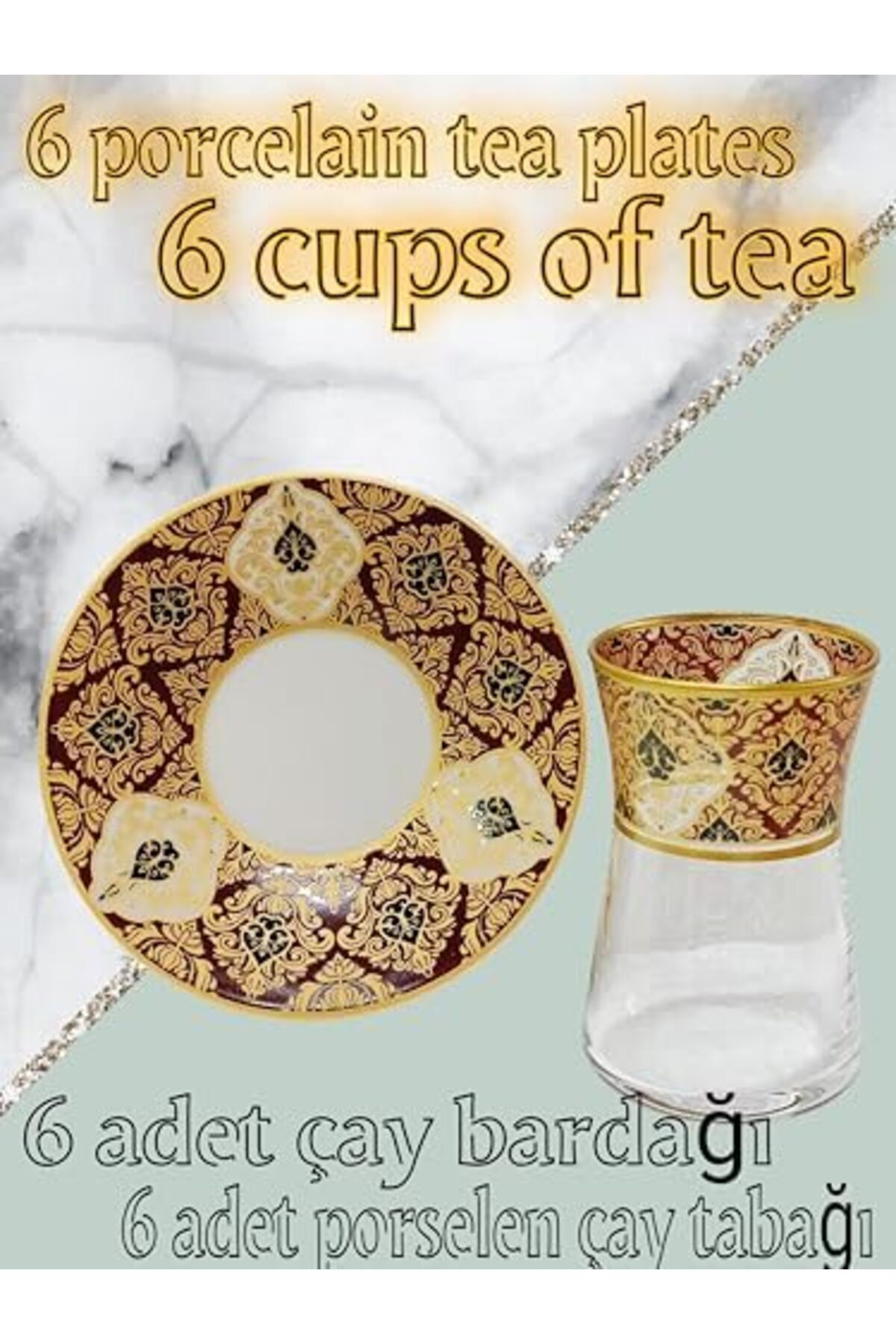 Yıldızan Tree_ Heybeli Altın Bordo Desenli Cam Porselen Çay Seti 6 Kişilik Tea Set For 6 Persons Premium Porc