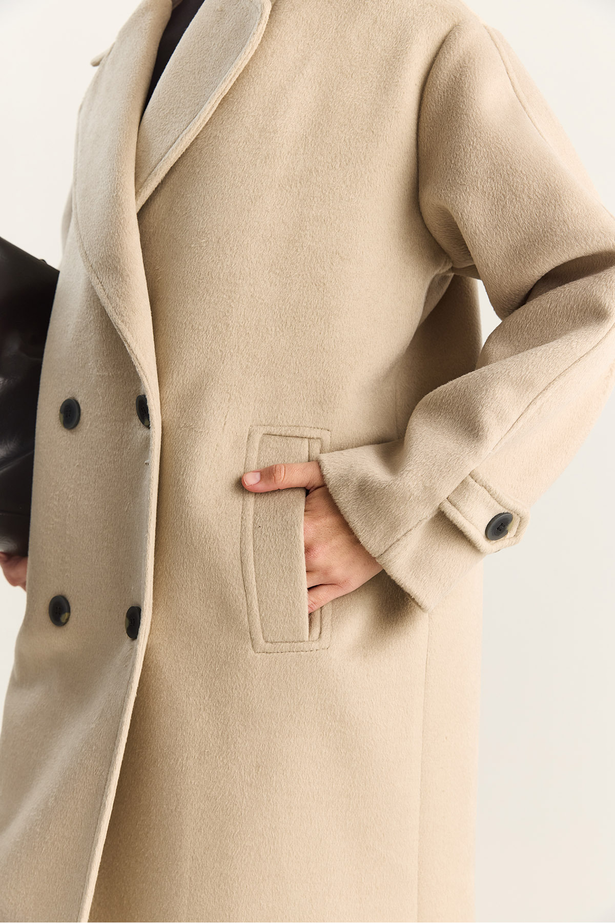 Bianco Lucci  Kadın Kruvaze Yaka Astarlı Oversize Uzun Kaşe Kaban 3509 60283849 - Görsel 7