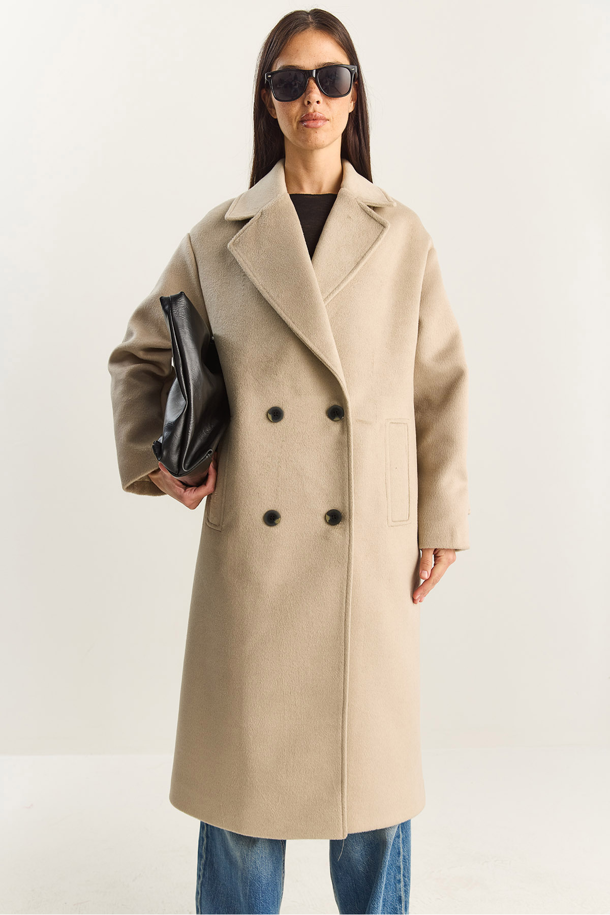 Bianco Lucci  Kadın Kruvaze Yaka Astarlı Oversize Uzun Kaşe Kaban 3509 60283849 - Görsel 4