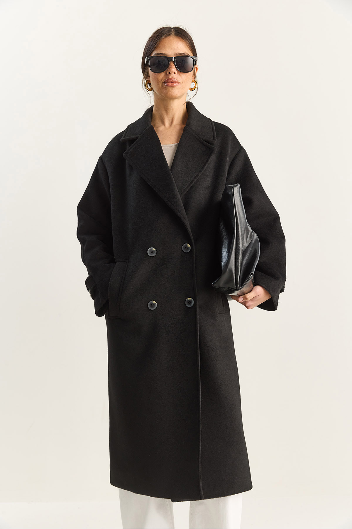 Bianco Lucci  Kadın Kruvaze Yaka Astarlı Oversize Uzun Kaşe Kaban 3509 60283849 - Görsel 5