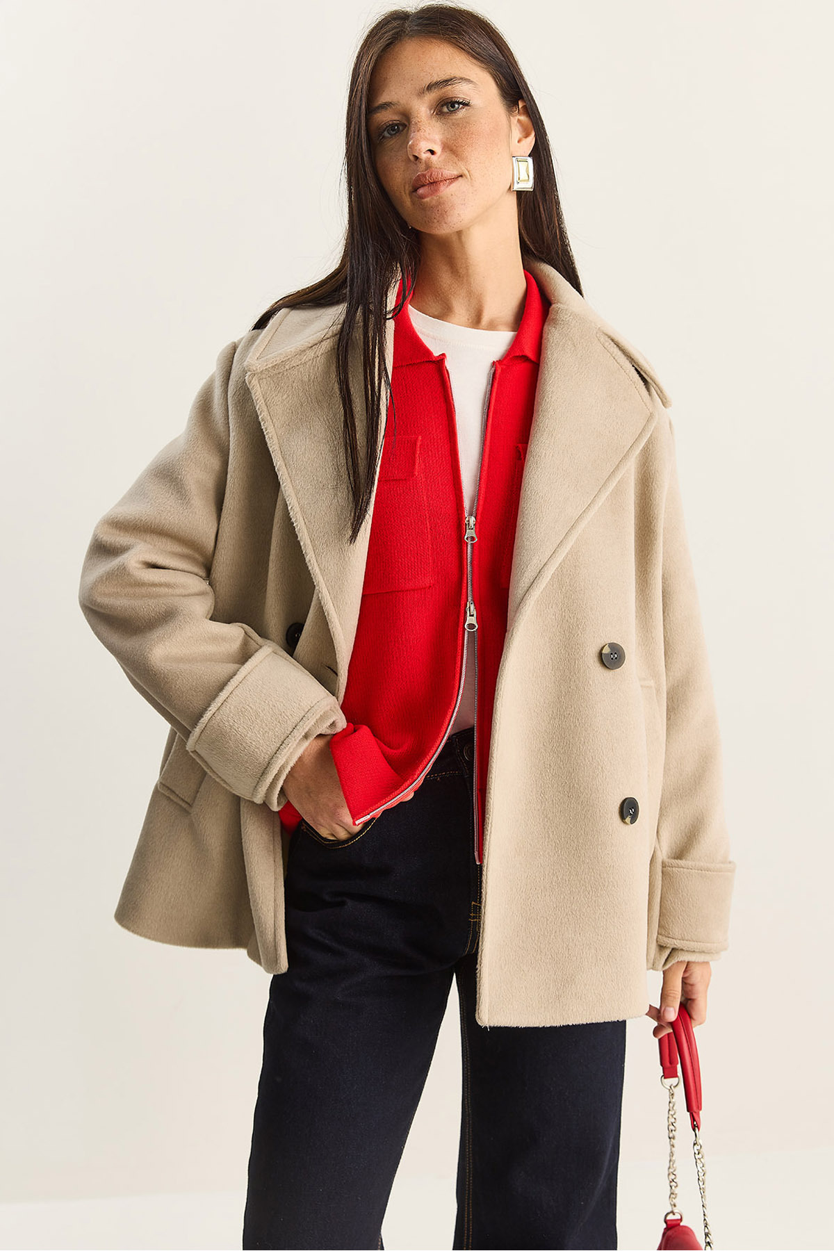 Bianco Lucci Kadın Kruvaze Yaka Astarlı Kısa Oversize Kaşe Kaban 3508 60283850