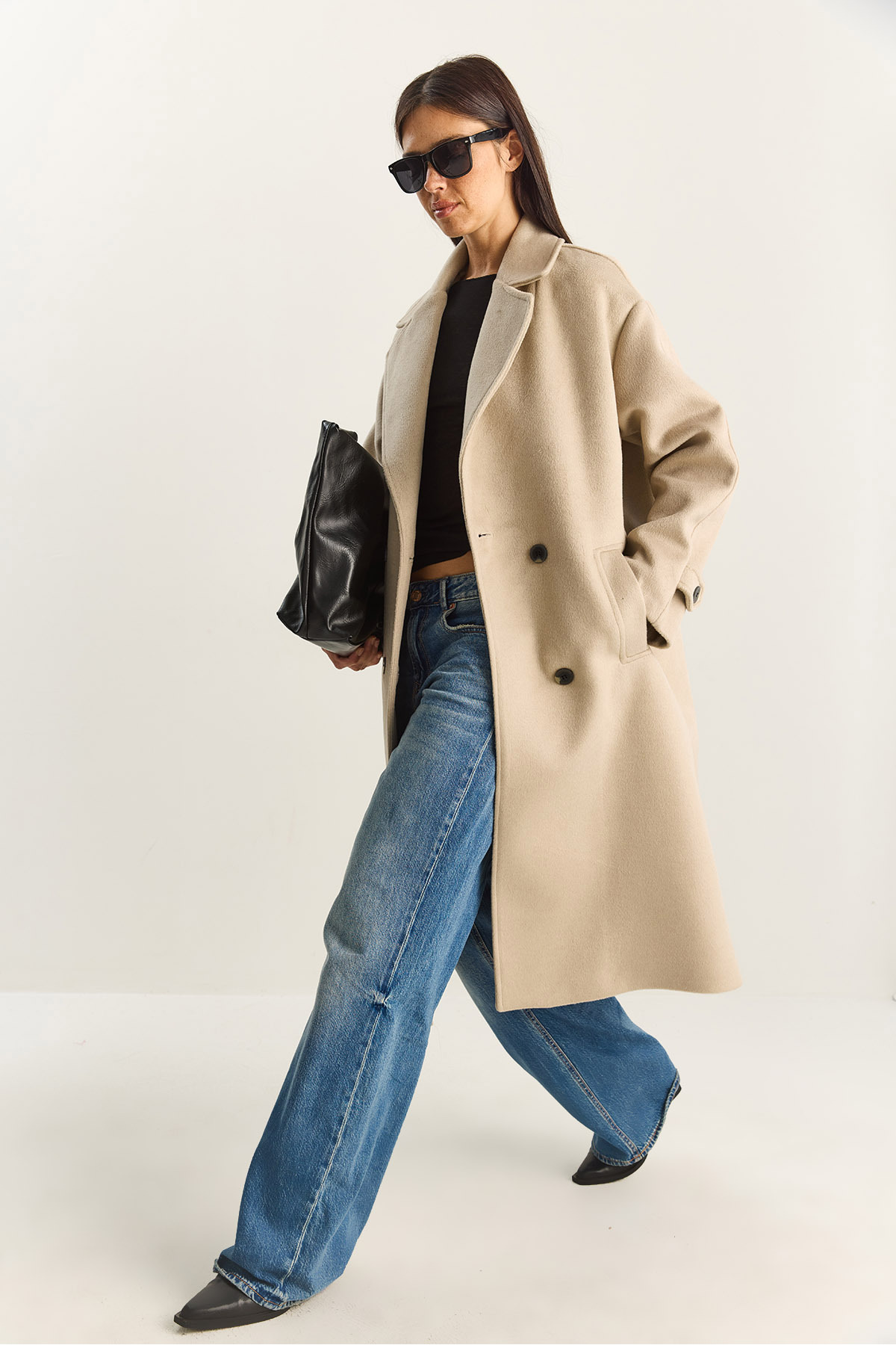 Bianco Lucci  Kadın Kruvaze Yaka Astarlı Oversize Uzun Kaşe Kaban 3509 60283849 - Görsel 6