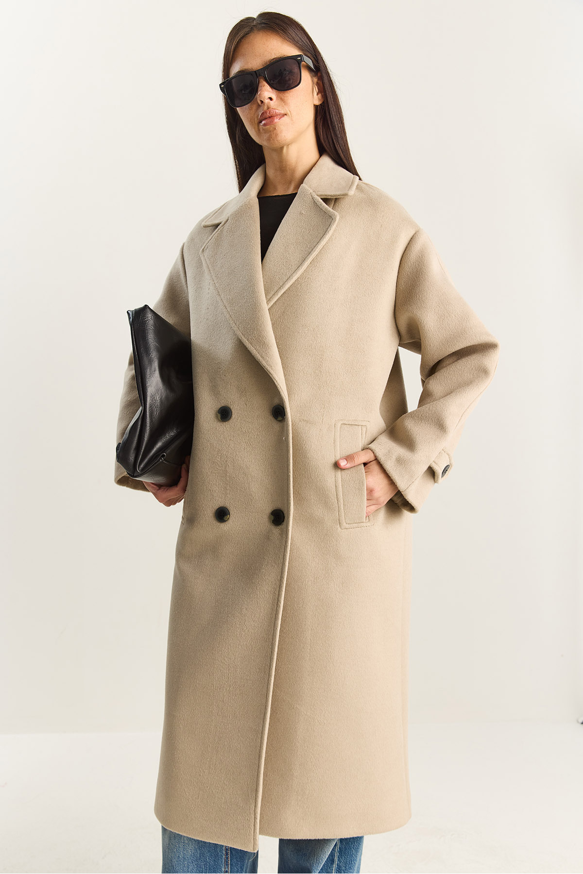 Bianco Lucci  Kadın Kruvaze Yaka Astarlı Oversize Uzun Kaşe Kaban 3509 60283849 - Görsel 5