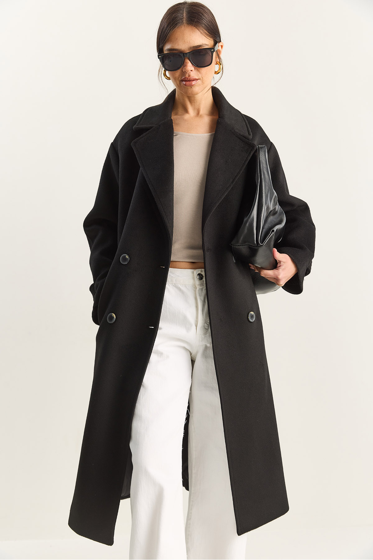 Bianco Lucci  Kadın Kruvaze Yaka Astarlı Oversize Uzun Kaşe Kaban 3509 60283849 - Görsel 4