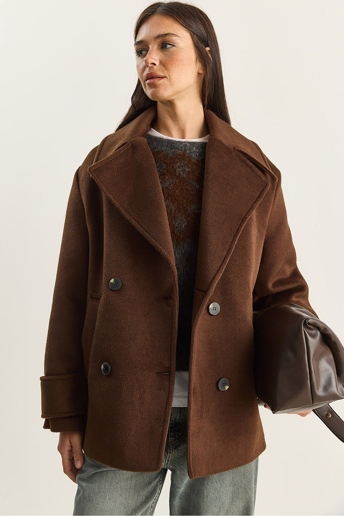 Bianco Lucci Kadın Kruvaze Yaka Astarlı Kısa Oversize Kaşe Kaban 3508 60283850