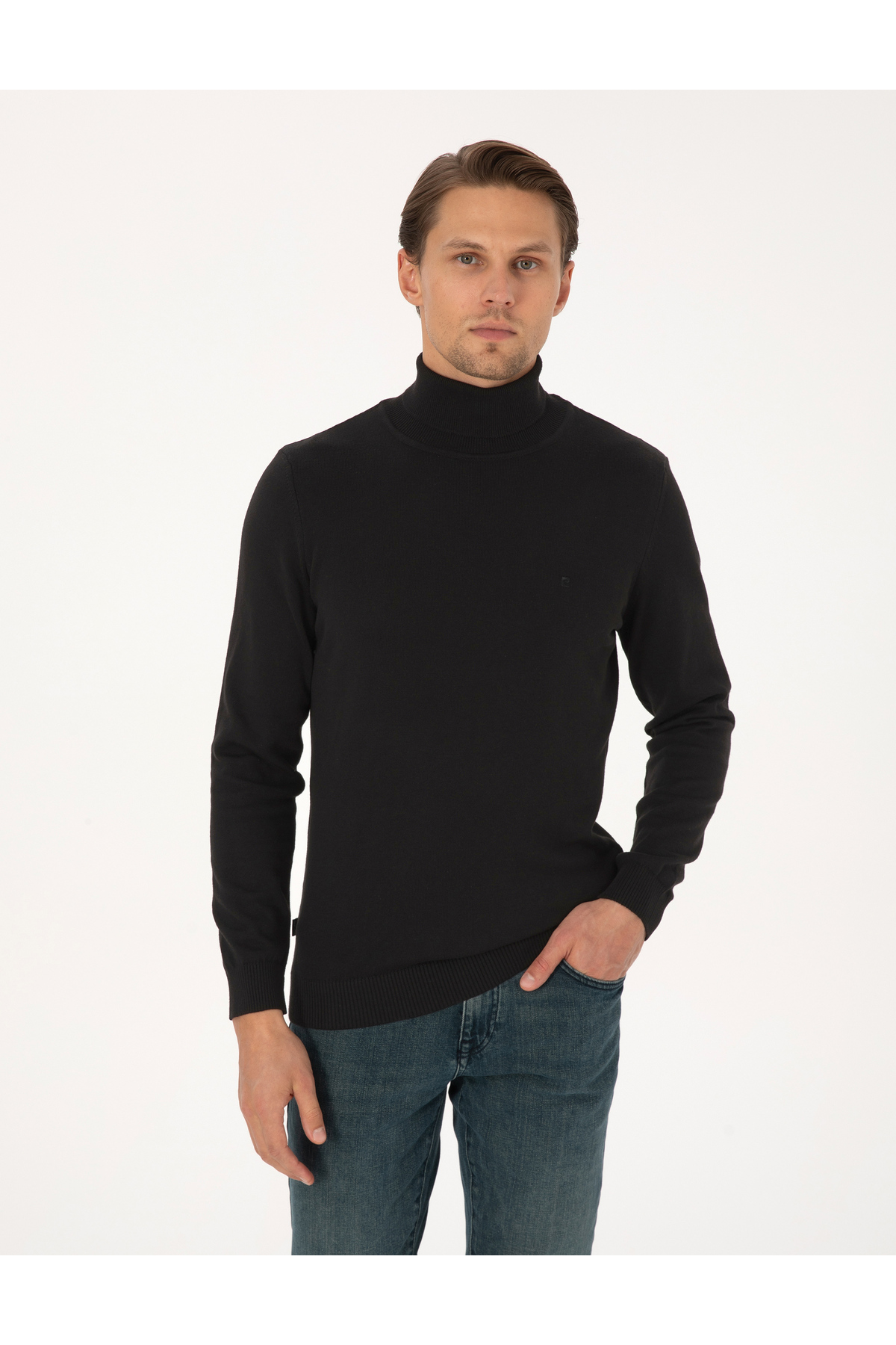 ژاکت بافتنی یقه اسکی مشکی اسلیم فیت مدل 50315490-VR046 پیر کاردین پلیور Pierre Cardin