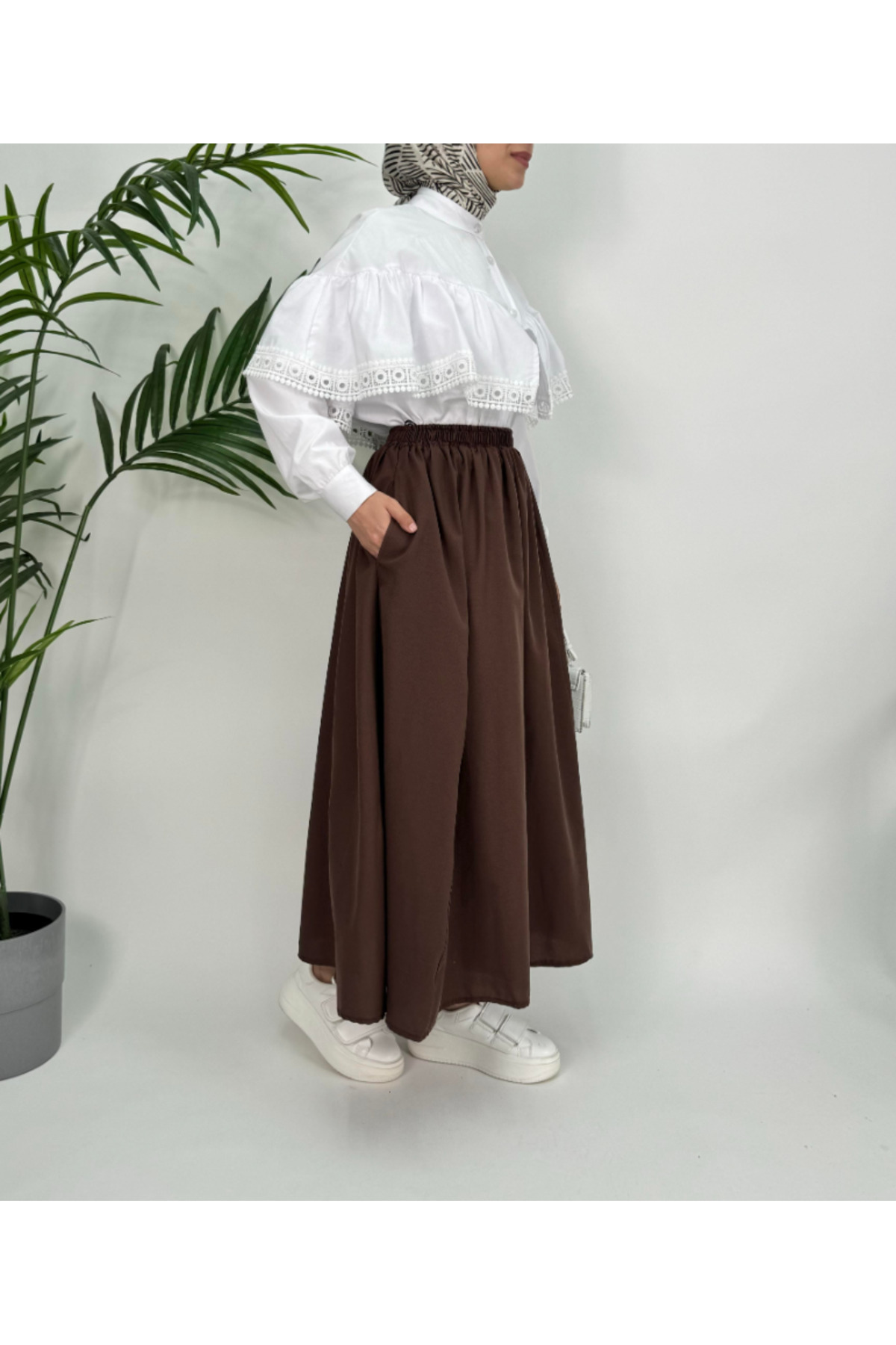 SmallTouch  İç Göstermeyen Beli Lastikli Çift Cepli Standart Beden 90 cm Boy İnce Terikoton Kumaş Etek - Görsel 3