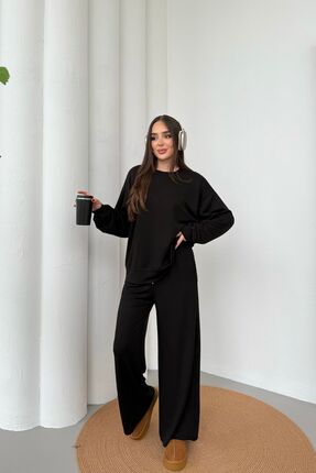 mezqa Yumuşak Premium Kumaş Siyah Uzun Beli Lastikli Modal Alt-Üst Takım
