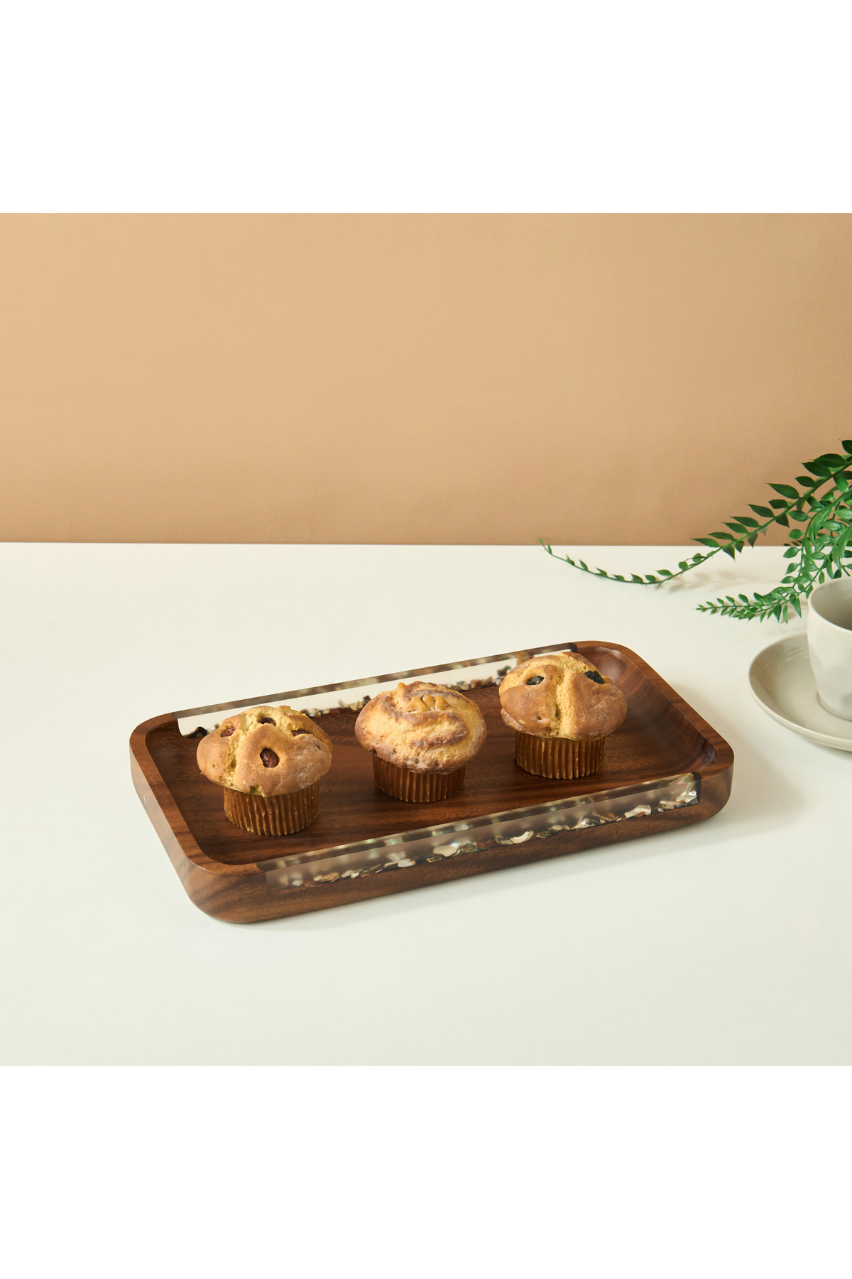 Lifestyle Resin Embellished Acacia Wood Serving Tray - 33x18 cms