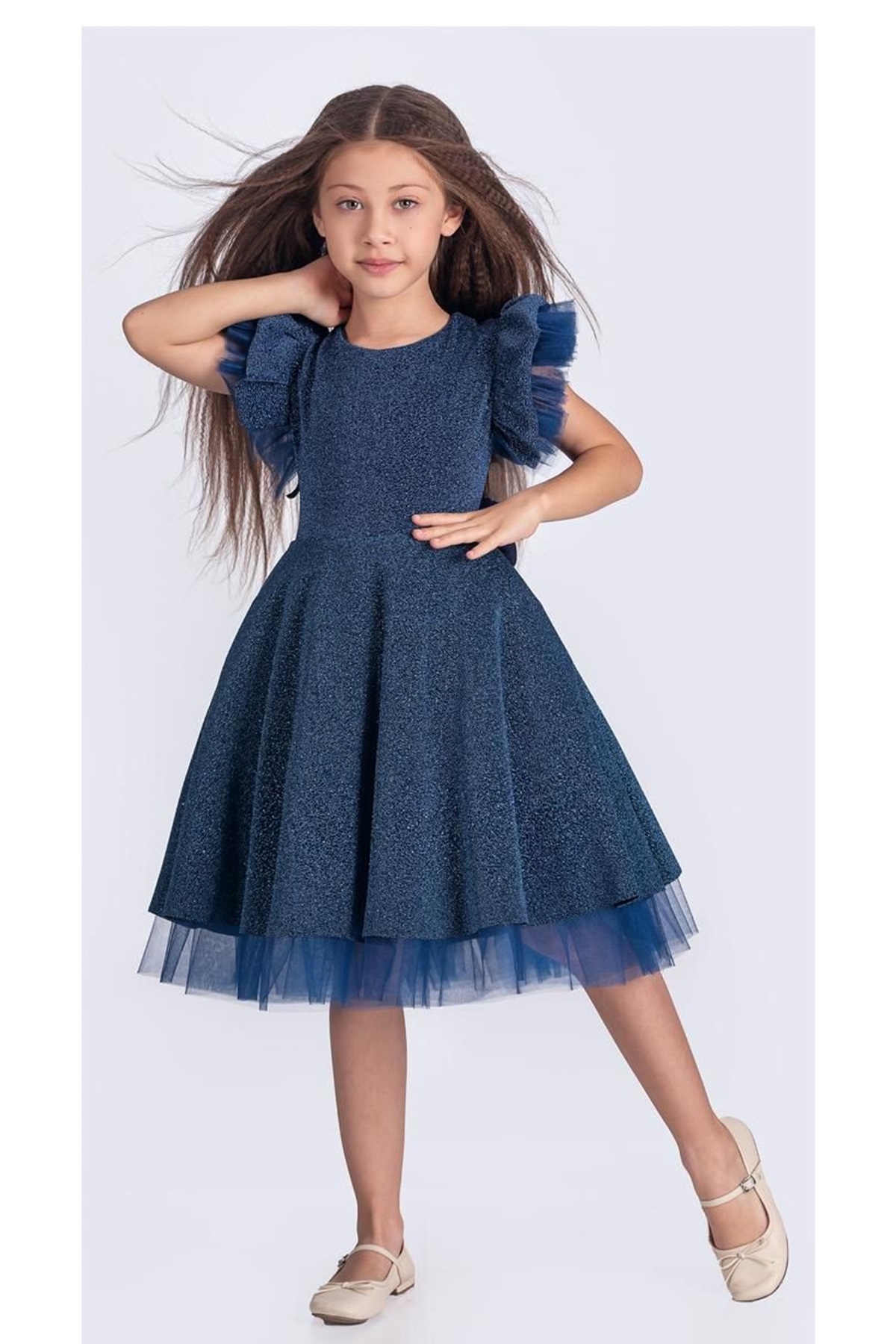 Mnk Baby&Kids Simli Şanzelize Kız Çocuk Abiye Elbise M00669 İNDİGO fotoğrafı 3 (önizleme)