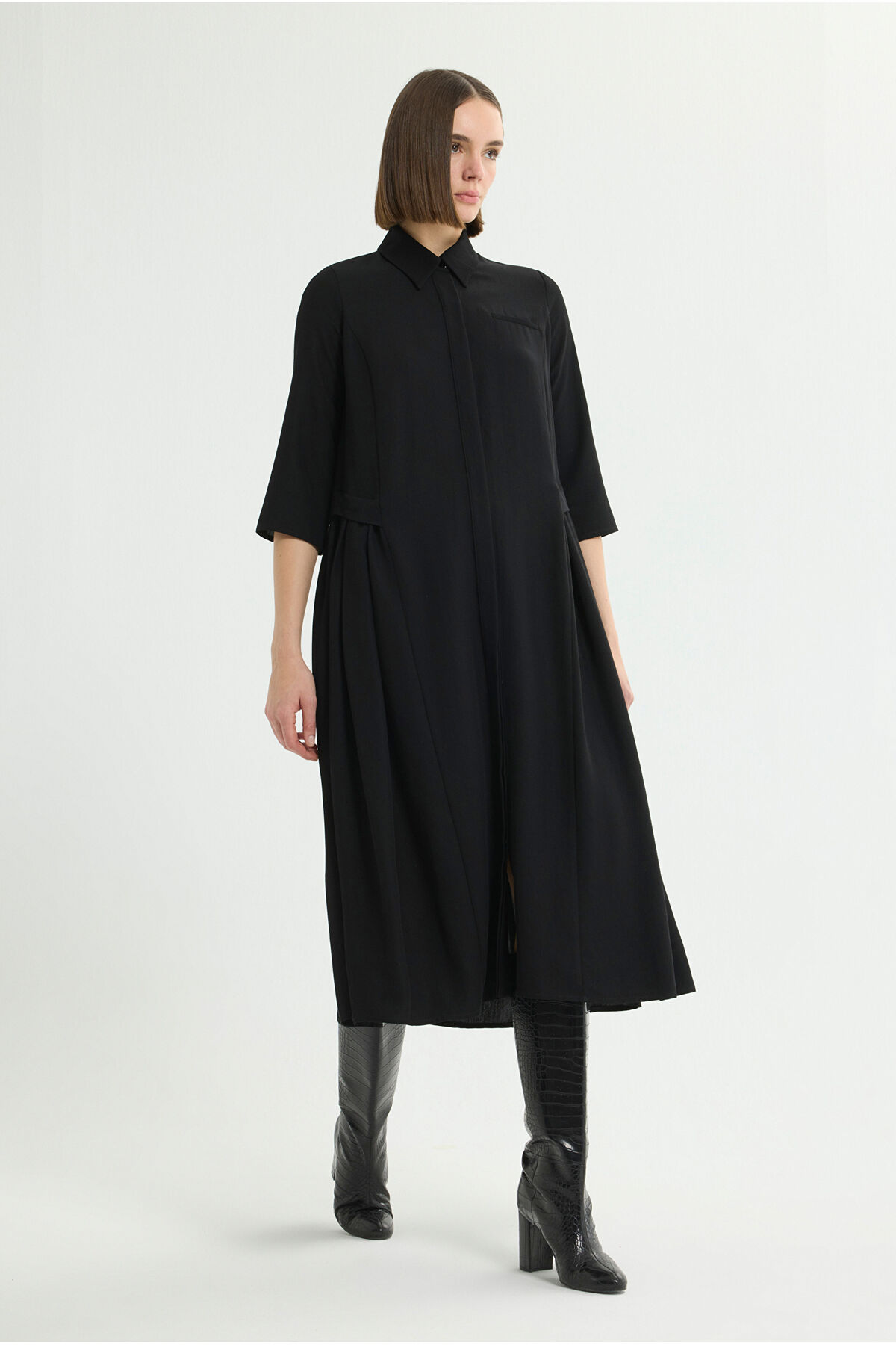 Love My Body  Büzgü Detaylı Önden Düğmeli Elbise - Görsel 5