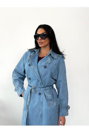 Zeo Basic Kadın Mavi Trençkot Palto Bel Kuşaklı Yan cepli