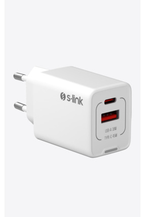 S-Link SL-ECG45 Type USB-C 45W PD + 18W USB QC 3.0 GAN Beyaz Hızlı Ev Şarj Ad...