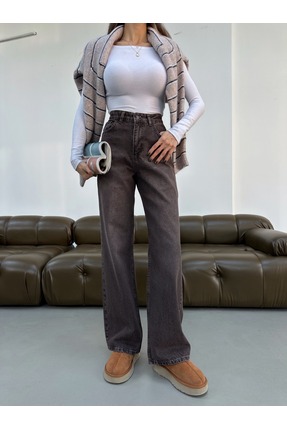 KENE JEANS KADIN KAHVE DÖKÜMLÜ BOL PAÇA PALAZZO KOT JEANS