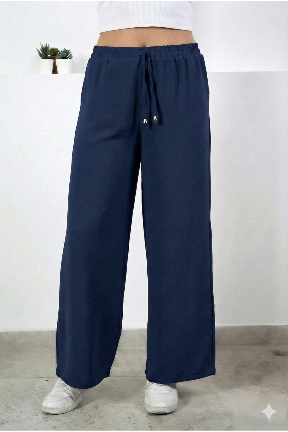 Women's Navy Blue Elastic Waist Lace-Up Wide Leg Ayrobin Pants