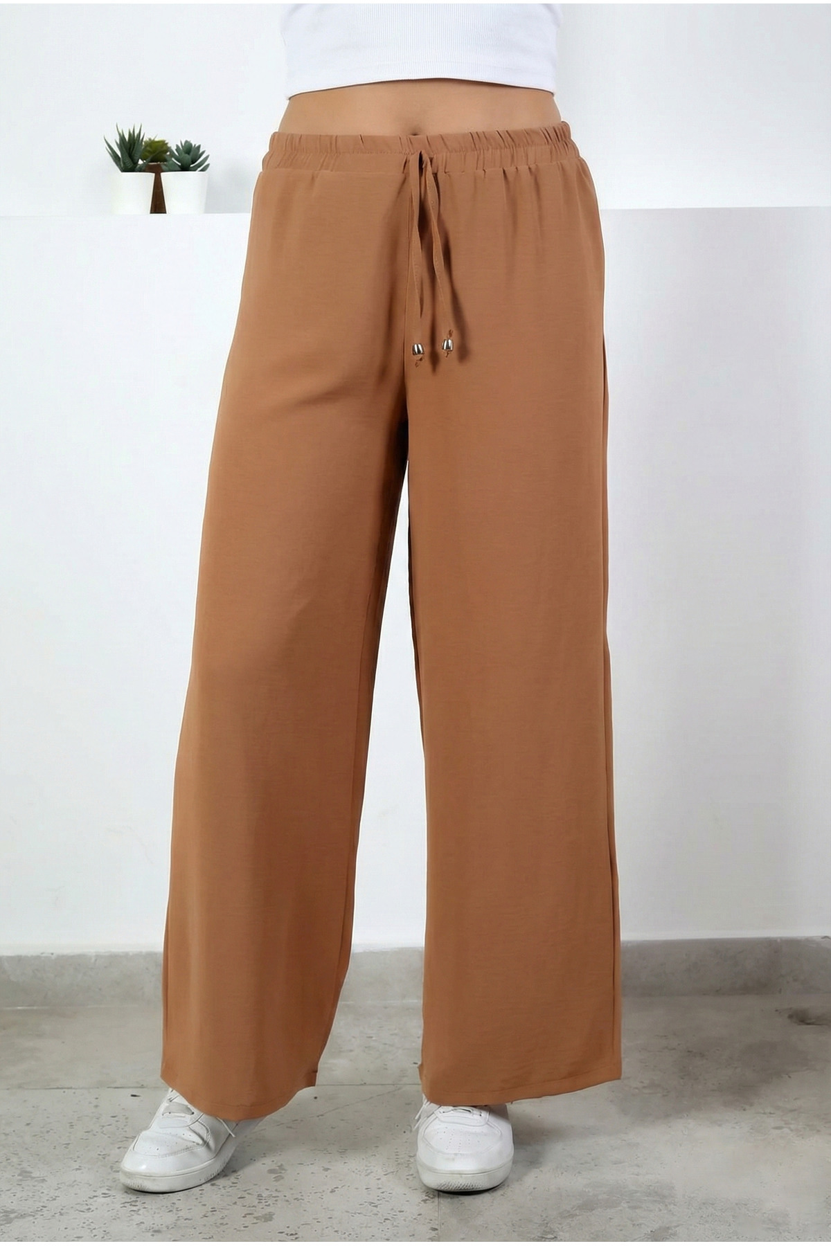 Women's Tan Elastic Waist Lace-Up Wide Leg Ayrobin Pants