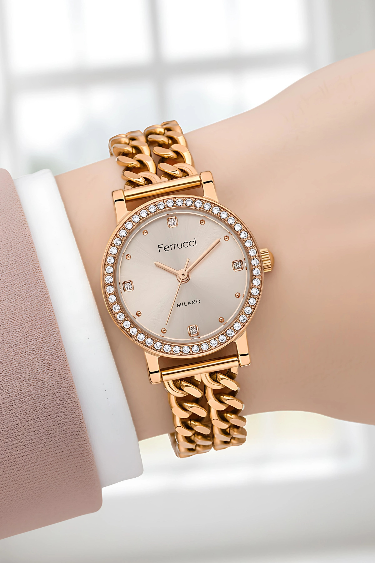 Ferrucci Zincir Model Kordon Çelik Kasa Kadın Kol Saati Bileklik Hediye Rose Renk zmfer206