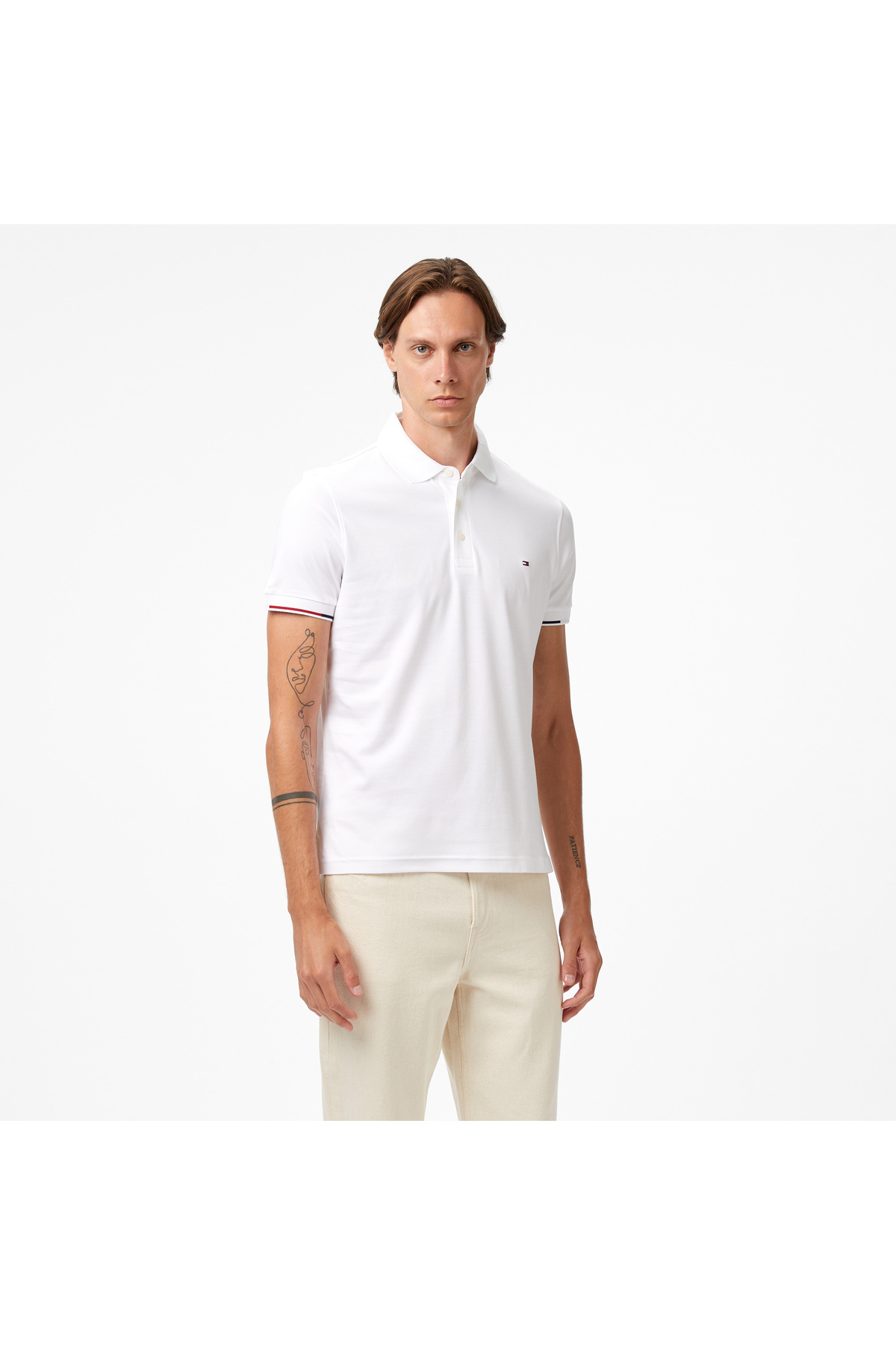 تامی هیلفیگر تی شرت یقه دار سفید مردانه اینترلاک مدل Flagcuff Slim Fit